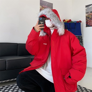 潮牌大毛领韩版宽松刺绣情侣纯色白鸭绒羽绒服男外套加厚羽绒服图片