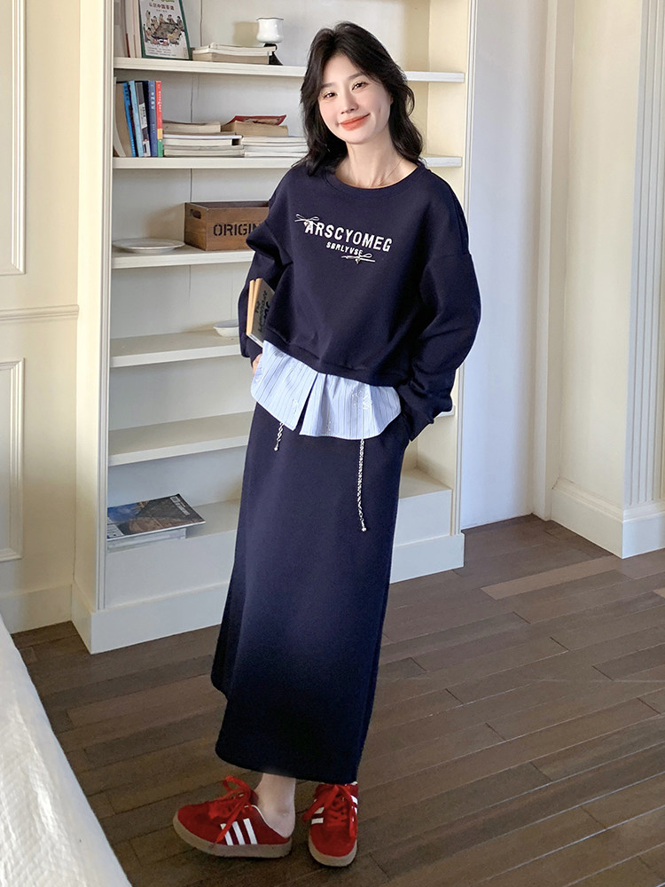 藏青色卫衣套装裙女春2025新款韩版印花长袖上衣A字半身裙两件套,女装套装/套裙,浙宝220