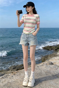 女夏季新款韩版运动休闲套装修身显瘦圆领条纹短袖牛仔短裤两件套图片