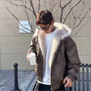 网图现货 美式宽松连帽兔毛座山雕加厚PU皮棉服MY90/P115图片
