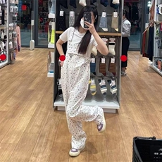 日系可爱清纯风白色牛仔背带裤女印花少女连体裤宽松显瘦长裤子潮，男装牛仔裤，星座506A