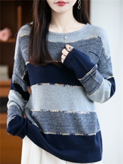 2025年秋季新款百搭女士拼色长袖针织衫，女装针织衫/毛衣，暖娇绒
