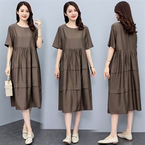 黑色短袖t恤裙子女2025年新款宽松遮肚显瘦时尚休闲圆领a字连衣裙,女装连衣裙,妃曼