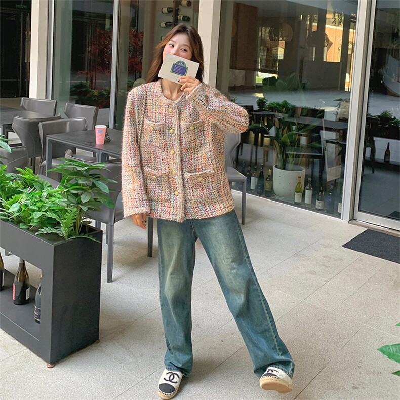 彩色圆领小香风粗花呢短外套女春季2025新款气质宽松百搭编织上衣,女装毛呢外套,天使之佳话