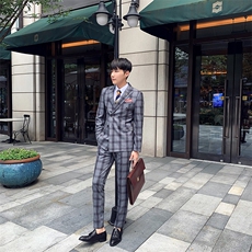 秋冬双排扣西服套装男三件套青年格子韩版修身西装A470-TZ10-P285，男装西服套装，电商A207