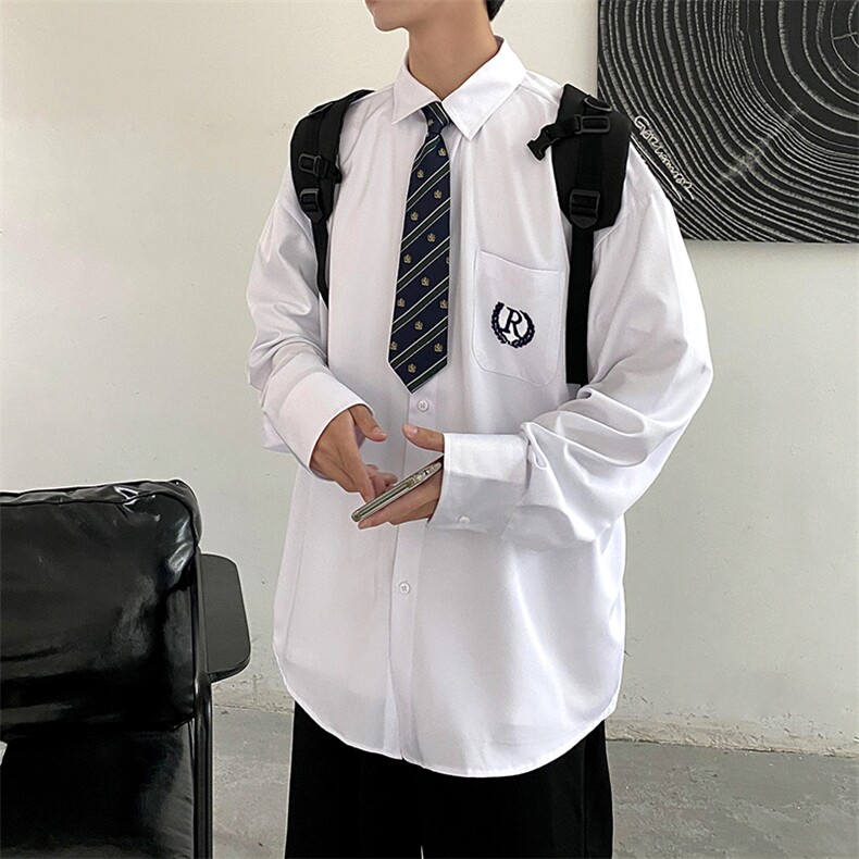 DK/JK制服港风刺绣长袖宽松阔版衬衫学生班服送领带C916-P40现货,男装衬衫,电商A157-1