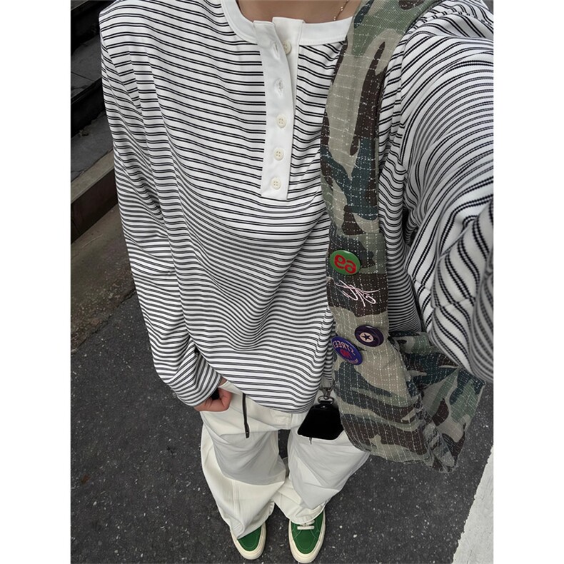 亨利领条纹长袖t恤男女款秋慵懒风卫衣cleanfit打底衫TY05,男装T恤,星座1116A（原606A-3）
