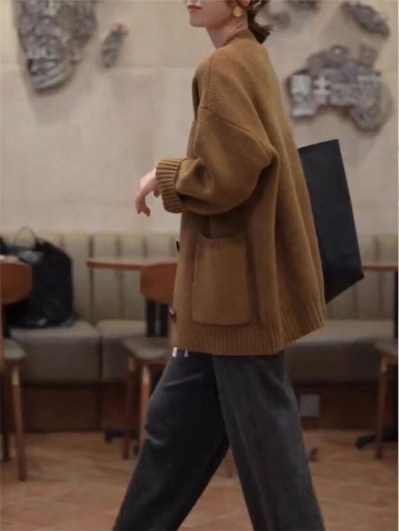 开衫女中长款V领秋冬慵懒软糯休闲宽松保暖针织衫,女装羊毛衫,恒恩羊绒