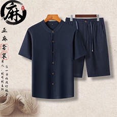 高端男士中老年风亚麻短袖衬衫短裤套装中年棉麻休闲T恤，男装牛仔裤，钱塘723