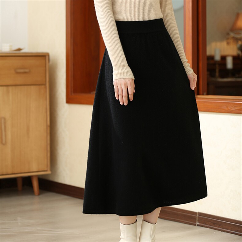 中长款针织半身裙女秋冬天配毛衣高腰a字伞裙气质，女装半身裙，奥千羊绒