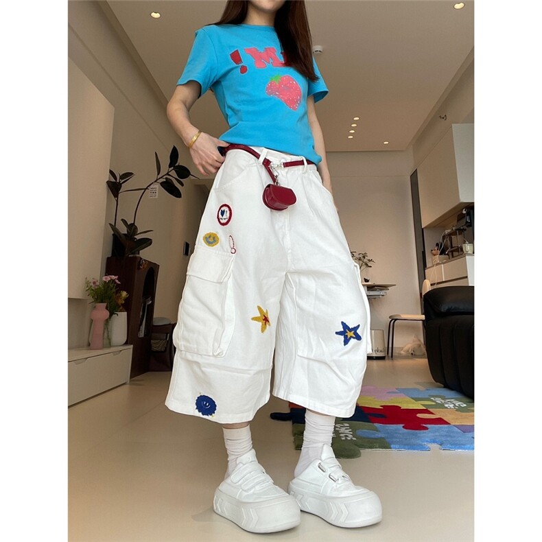 CP1255-P59美式植绒刺绣工装牛仔七分裤男女夏季宽松休闲阔腿,男装牛仔裤,电商B323A