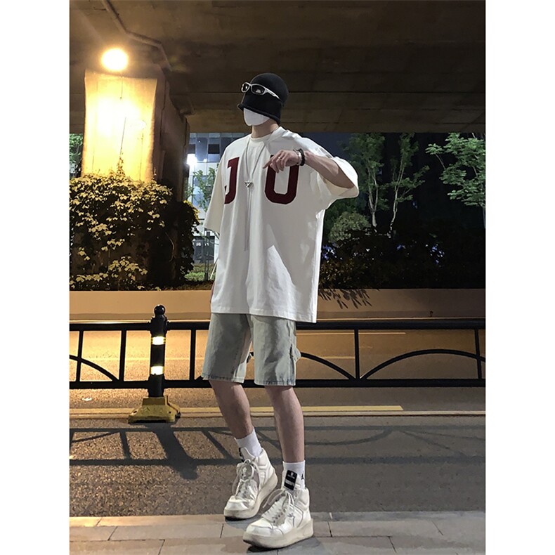 B221美式ins高街暗黑拉链休闲牛仔短裤五分裤LK23082-P50控68,男装牛仔裤,电商B221