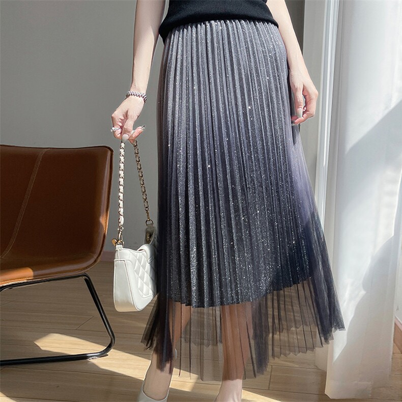 渐变色亮丝百褶纱裙女气质春夏新款长裙百褶裙高腰A字裙飘逸半裙，女装半身裙，朝贺羊绒