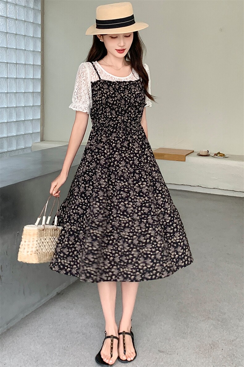 正品哥家女装2025年夏季新款吊带假两件蕾丝拼接碎花连衣裙女裙子,女装连衣裙,心心服饰