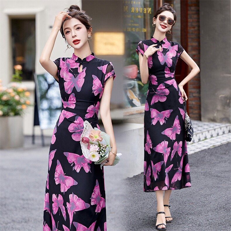新中式改良旗袍连衣裙女夏季2024新款印花蝴蝶高端气质绝美显瘦，女装连衣裙，布芭啦