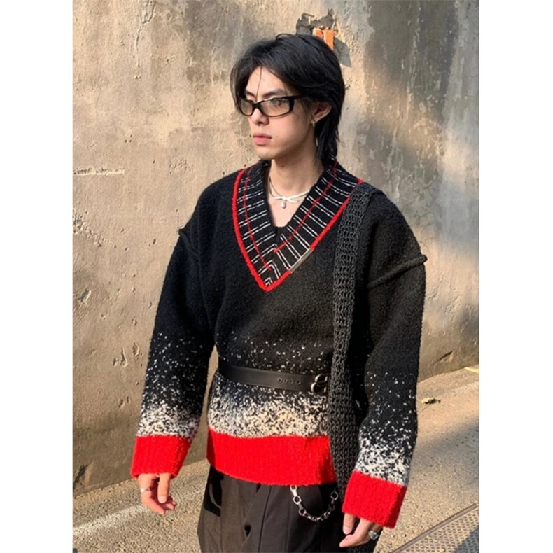 冬装小众渐变重磅撞色V领毛衣男廓形慵懒圣诞风针织衫MV12，男装针织衫/毛衣，星座1116A（原606A-3）