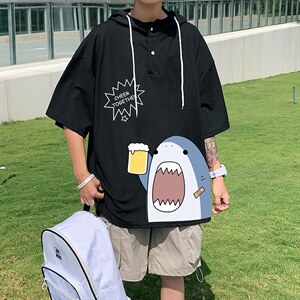 LD54137-P45连帽短袖t恤男大码胖子带帽五分袖中袖