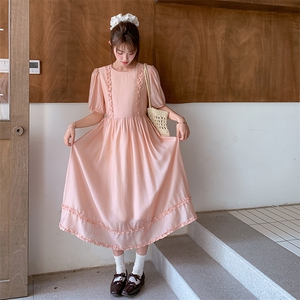 粉色木耳边拼接连衣裙女2025夏季新款小个子甜美减龄泡泡袖A字裙图片