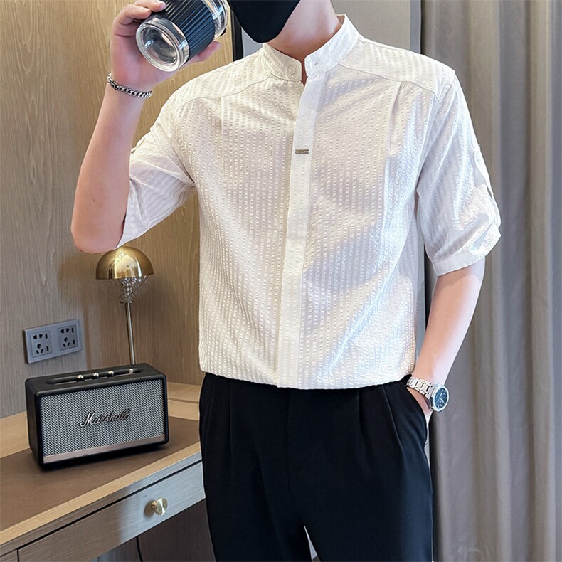 夏男立领条纹衬衫男休闲修身休闲衬衣小伙A236-82550-P60,男装衬衫,电商A236