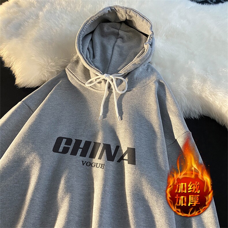 WY2001-P35加绒款-P40纯棉连帽卫衣男大码运动帽衫宽松薄外套男，男装卫衣，电商A040