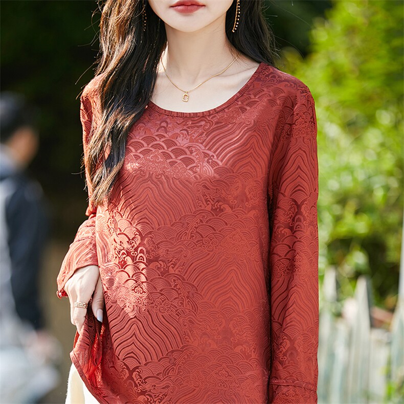 春夏醋酸缎面圆领长袖真丝上衣女国风暗纹提花衬衣高级感宽松打底,女装T恤,佳绒高端店
