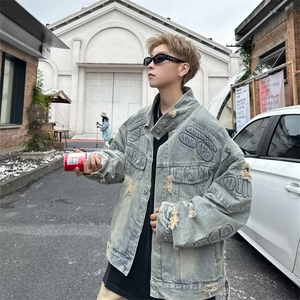 高街美式设计感破洞定制机车牛仔外套盔甲男女情侣款夹克 JK829图片