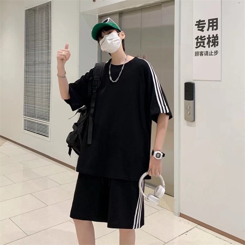夏季韩版潮流薄冰丝条纹短袖t恤男士款宽松运动套装T901-P33,男装休闲套装,星座512-2