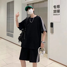 夏季韩版潮流薄冰丝条纹短袖t恤男士款宽松运动套装T901-P33，男装休闲套装，星座512-2