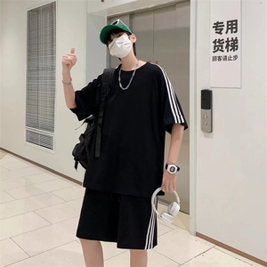 夏季韩版潮流薄冰丝条纹短袖t恤男士款宽松运动套装 T901-P33图片