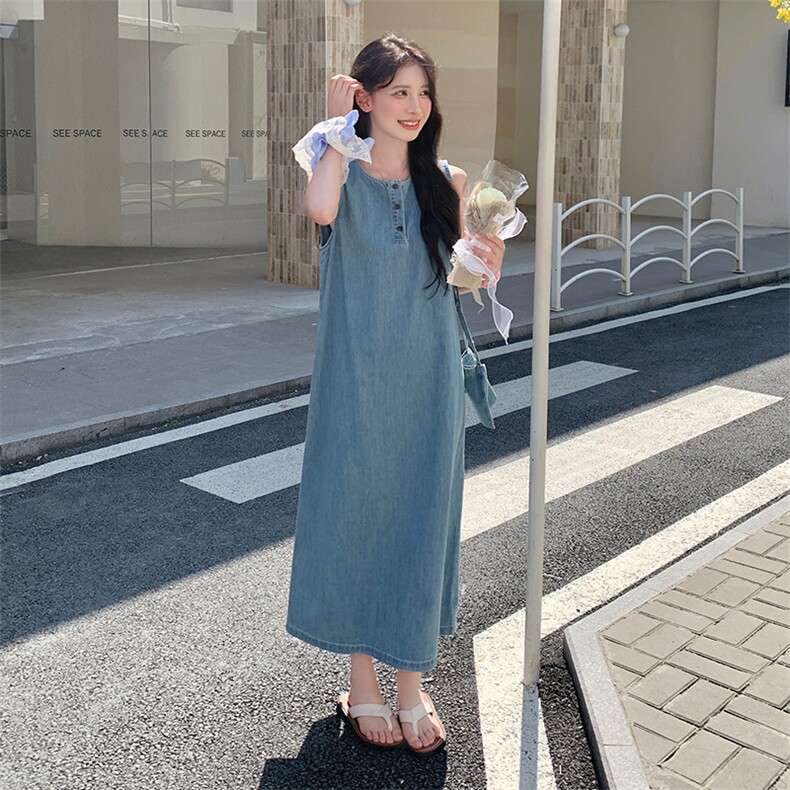 蓝色显瘦休闲薄款牛仔长裙新款轻熟风减龄背心裙夏季无袖连衣裙女,女装连衣裙,2C186