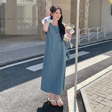 蓝色显瘦休闲薄款牛仔长裙新款轻熟风减龄背心裙夏季无袖连衣裙女，女装连衣裙，2C186