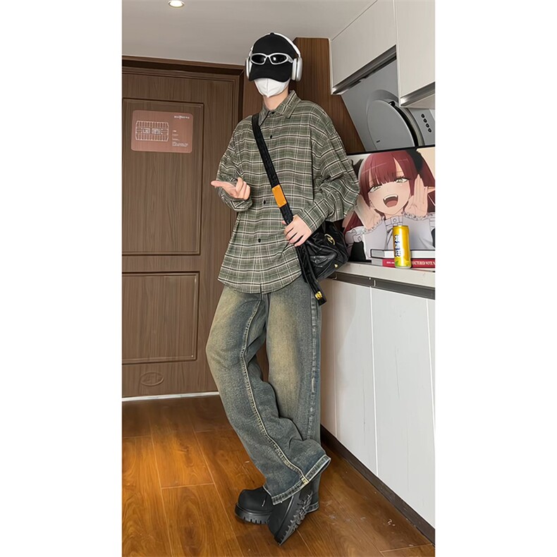 宽松港风格子衬衫男KD628-P30,男装衬衫,电商D312-1