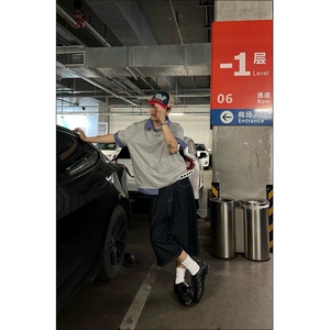 得物抖音高品质二开 夏季美式潮牌高街假两件格子衬衣翻领短袖T恤图片