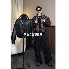 秋冬复古格子拼接加棉机车皮衣夹克棉外套男潮JK2377-P145网图，男装夹克，电商B267