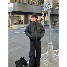 现货5W件冬季三防重磅硬挺boxy短款羽绒立领PU皮棉衣外套加厚棉服，男装棉衣，电商A486-1