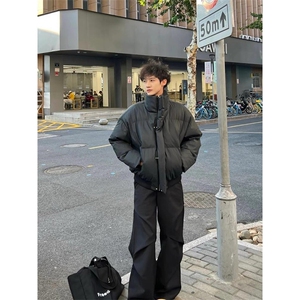 现货5W件冬季三防重磅硬挺boxy短款羽绒立领PU皮棉衣外套加厚棉服图片