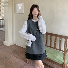 灰色韩系chic别致套装女2025年秋季新款设计感拼接背心裙两件套潮，女装套装/套裙，维壹
