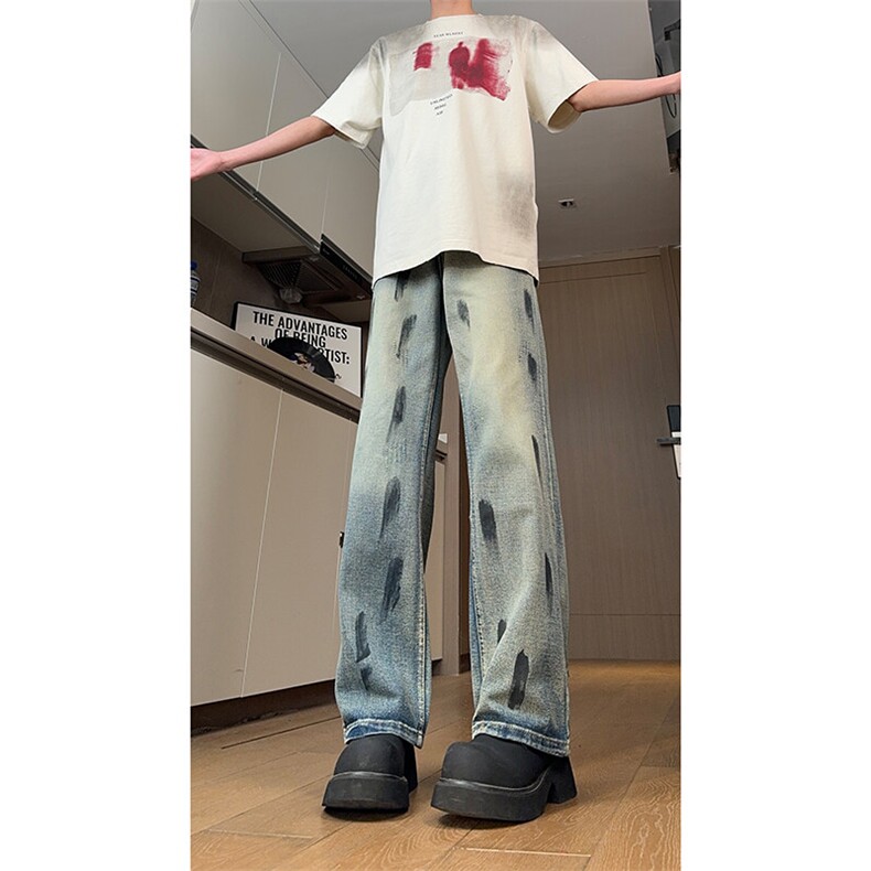 现货美式高街泼墨做旧牛仔裤男女复古刮烂破洞微喇裤K5915-P50,男装牛仔裤,星座205