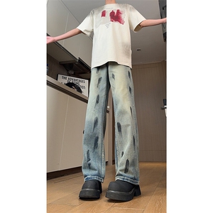 现货 美式高街泼墨做旧牛仔裤男女复古刮烂破洞微喇裤 K5915-P50图片