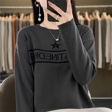 时尚百搭黑色星星图案羊毛针织衫显瘦修身长袖毛衣女款，女装针织衫/毛衣，暖姿羊绒