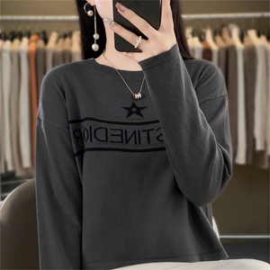 时尚百搭黑色星星图案羊毛针织衫 显瘦修身长袖毛衣女款图片