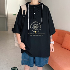 LD54163-P45连帽短袖t恤男大码胖子带帽五分袖中袖，男装T恤，电商A040