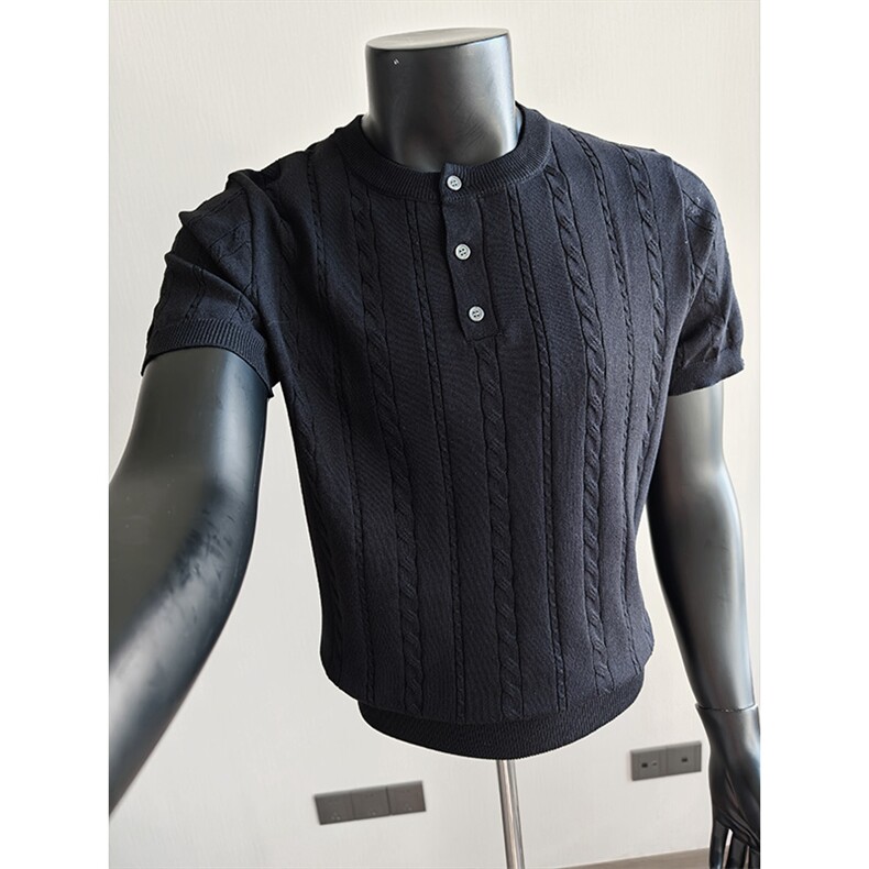 盗图老钱风亨利领冰丝麻花针织短袖T恤打底衫E77134/P58控88，男装T恤，电商A243