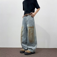 美式复古泥染做旧宽松阔腿裤2026新款牛仔裤女直筒裤RK3115-P48，男装牛仔裤，星座412-3