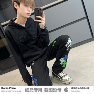 复古美式街头碎破洞连帽卫衣男女图片