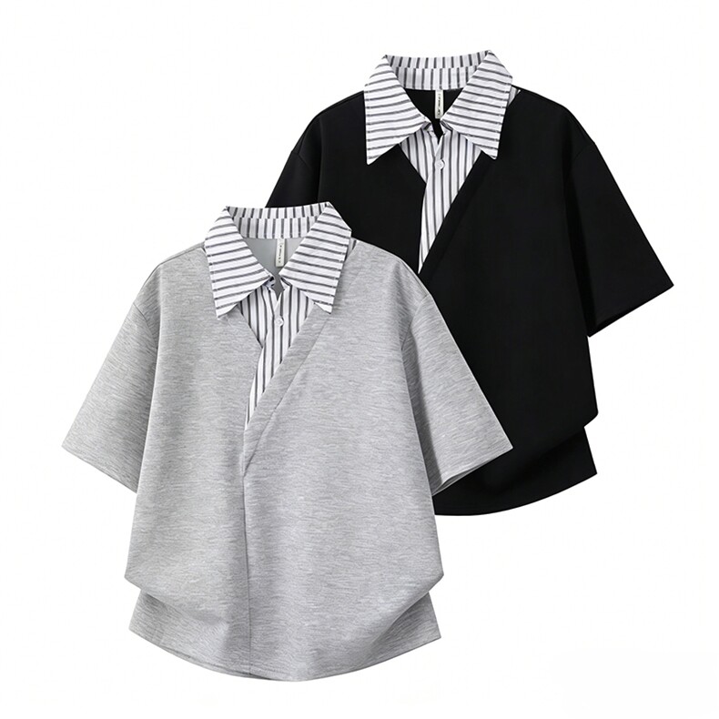 夏季拼接假两件短袖POLO衫男女潮牌宽松情侣休闲百搭T恤，男装T恤，星座703