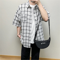短袖衬衫男韩版休闲小众格子衬衣夏季时尚百搭外套907特价35，男装衬衫，星座710