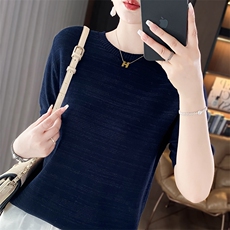 夏季精纺莱赛尔天丝针织短袖女圆领纯色百搭T恤宽松百搭打底上衣，女装针织衫/毛衣，总能电商供货