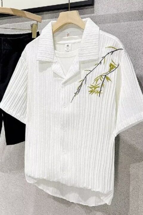 新中式风竹叶刺绣短袖衬衫男夏季高级感古巴领五分袖衬衣，男装T恤，星座302B