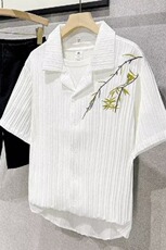 新中式风竹叶刺绣短袖衬衫男夏季高级感古巴领五分袖衬衣，男装T恤，星座302B